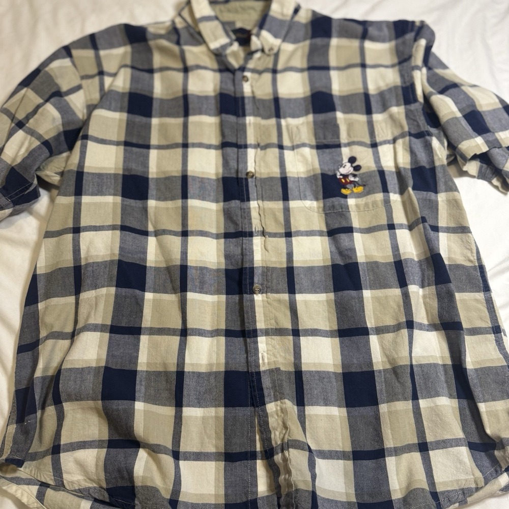 Vintage Disney Mickey Embroidered Plaid Shirt Men's XL Button Down Short Sleeve
